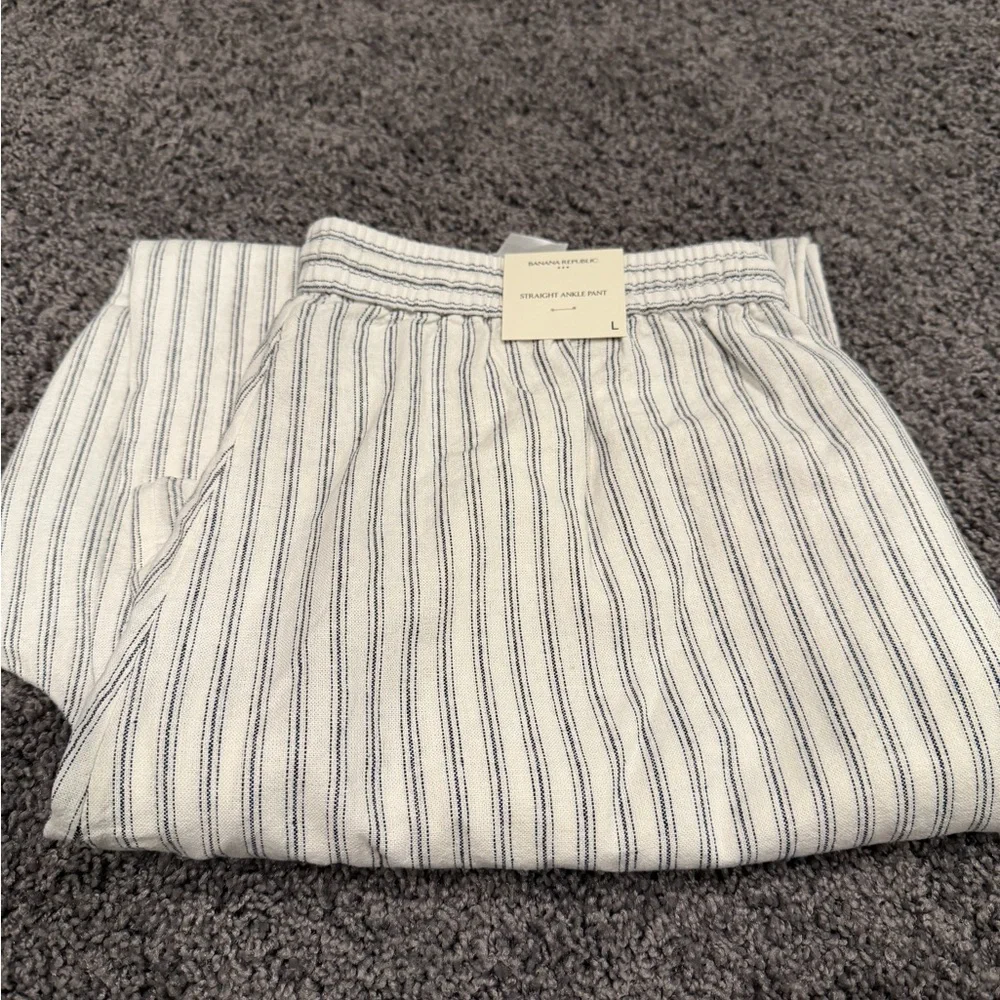 NWT Banana Republic Linen Blend Stripe Pants Large Coastal Drawstring Straight